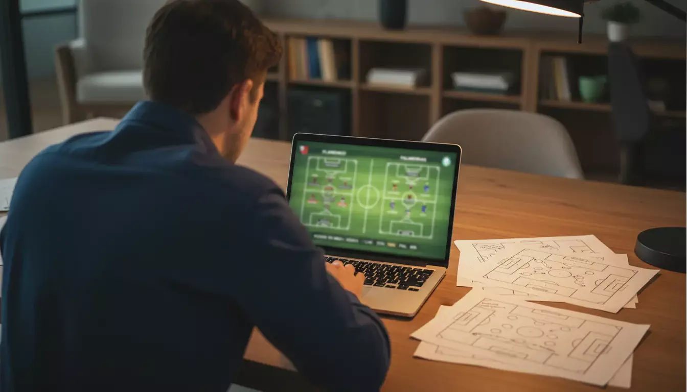 Pessoa analisando estatísticas de futebol brasileiro em documentos e tela