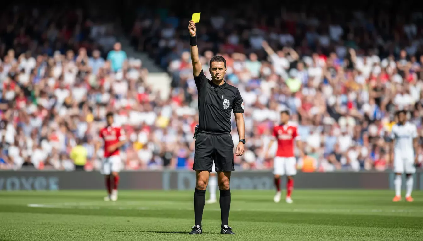 Árbitro de futebol mostrando cartão amarelo durante partida