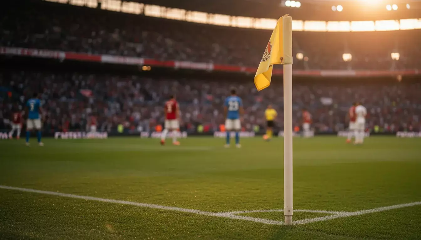 Bandeirinha de escanteio em campo de futebol com jogadores ao fundo