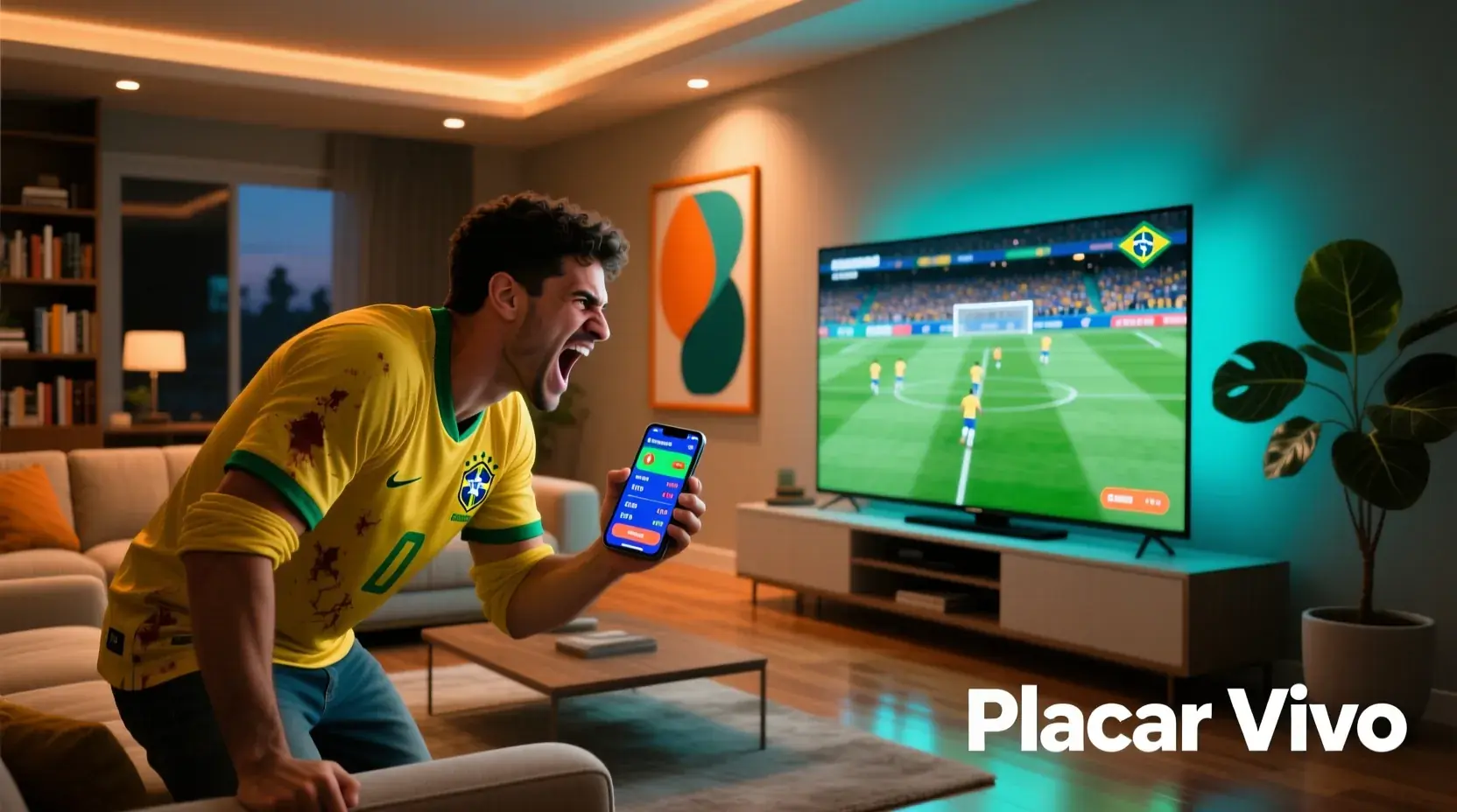 Torcedor brasileiro assistindo partida de futebol e fazendo apostas esportivas pelo celular