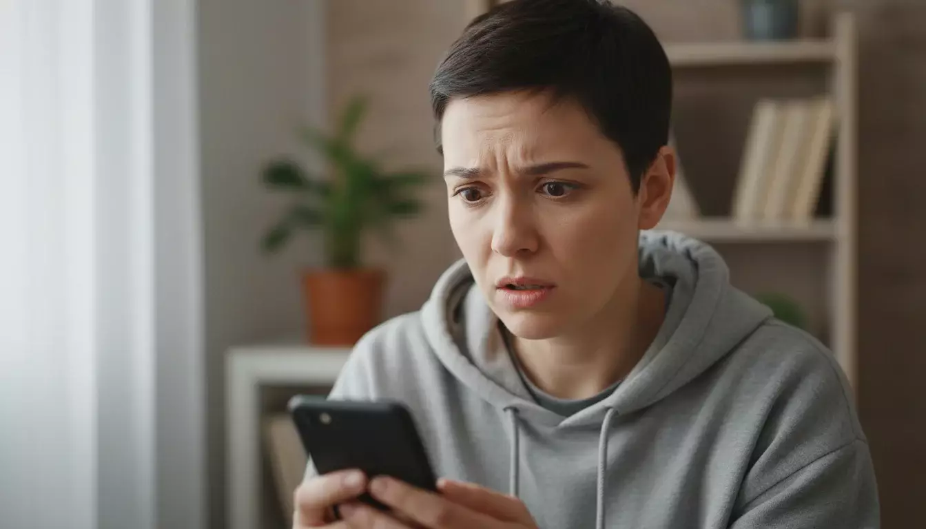 Pessoa com expressão preocupada olhando para tela de smartphone