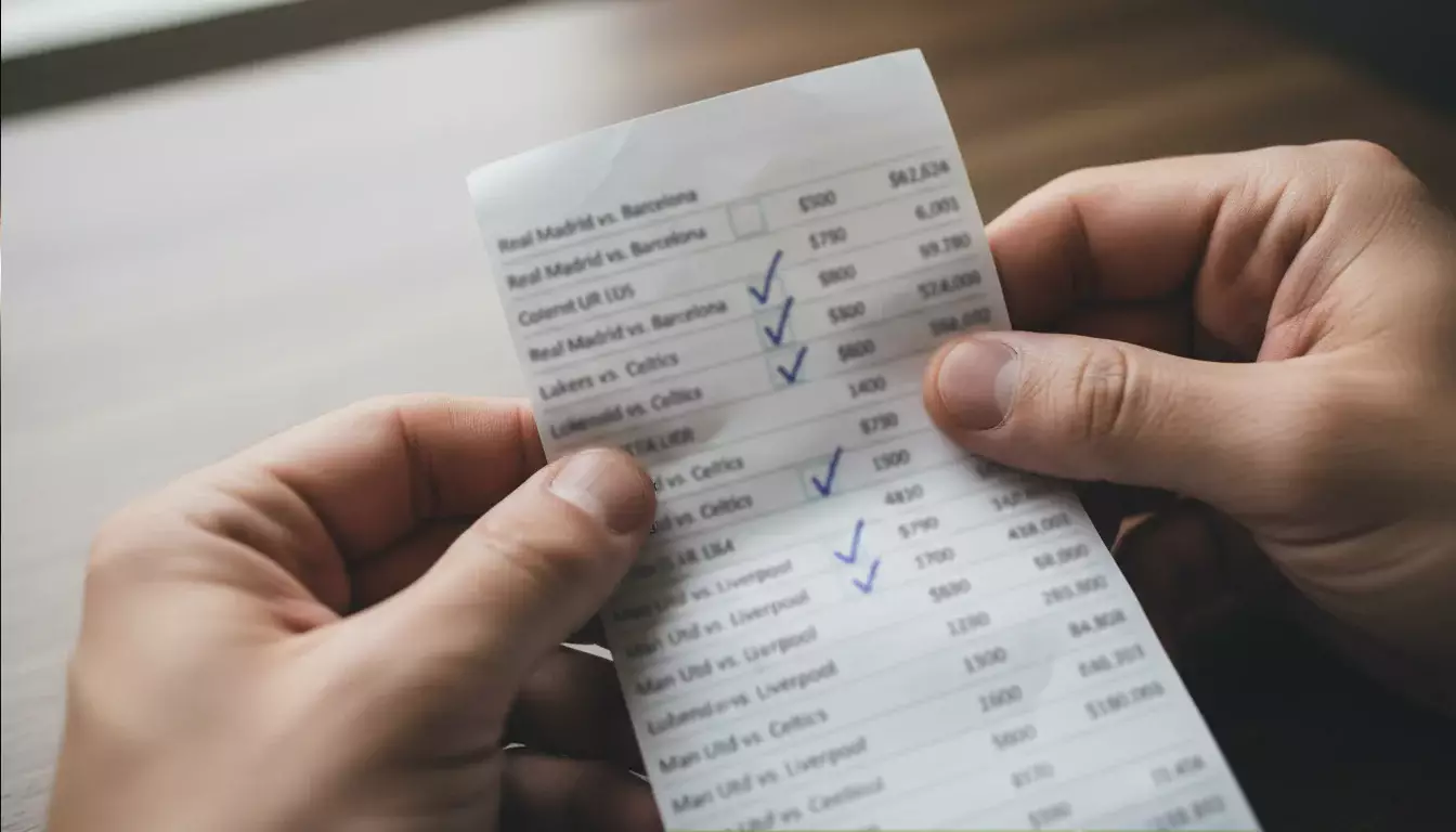 Pessoa segurando bilhete de apostas com múltiplas seleções marcadas