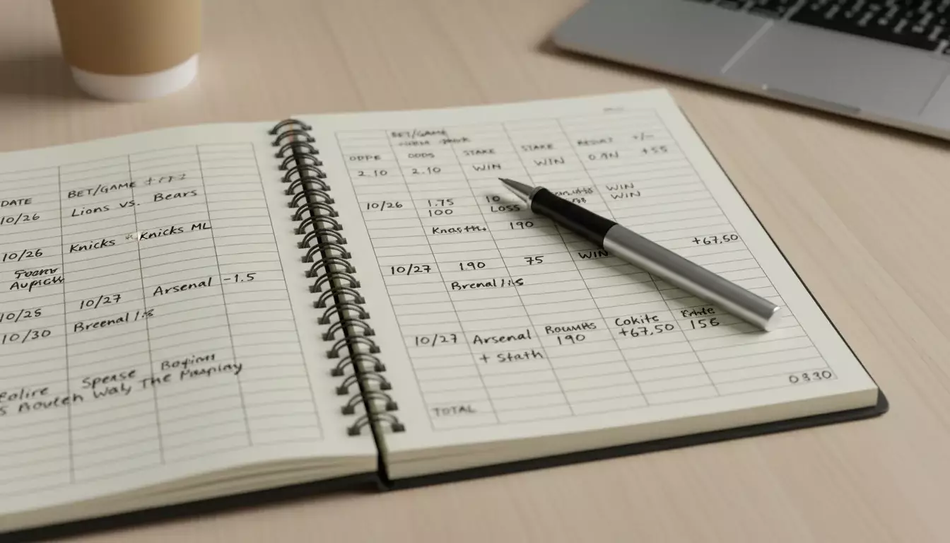 Caderno aberto com anotações manuscritas de resultados de apostas e caneta