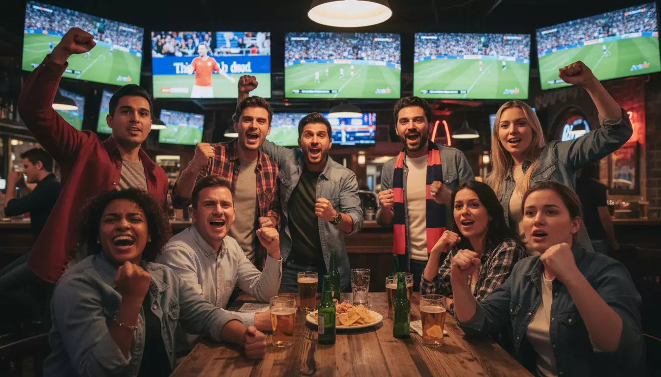 Grupo de amigos assistindo partida de futebol juntos em bar esportivo