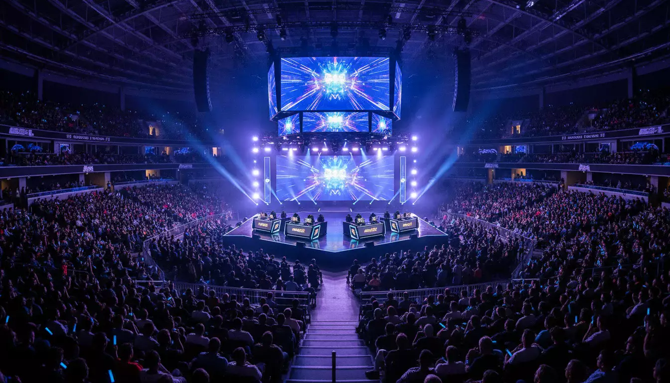 Arena de eSports iluminada durante campeonato com palco e telas gigantes