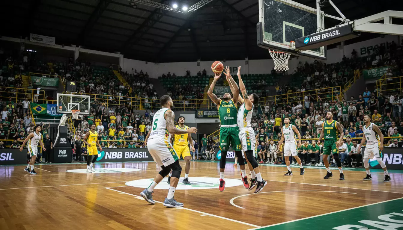 Partida de basquete do NBB em ginásio brasileiro com torcida nas arquibancadas