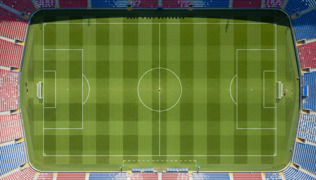 Campo de futebol profissional visto de cima com marcações e grama verde