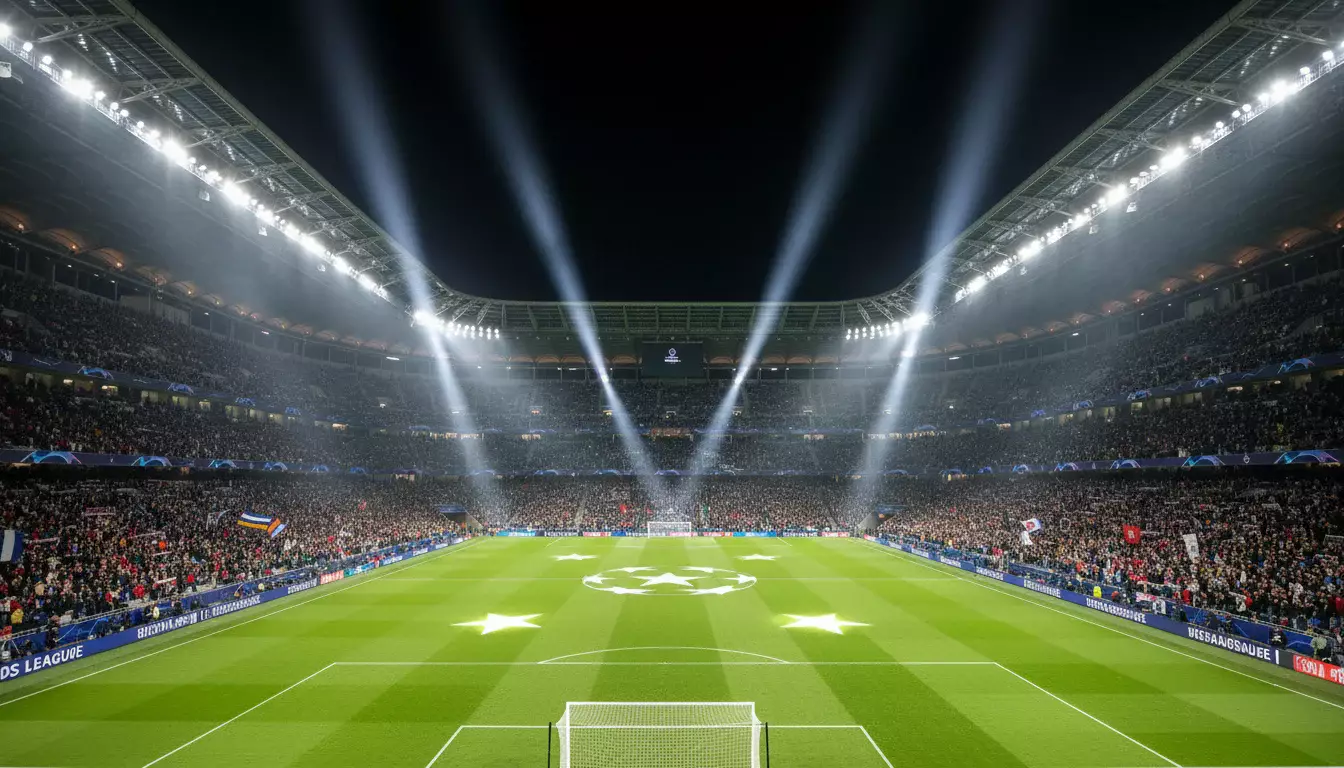 Estádio europeu iluminado à noite durante partida da Champions League