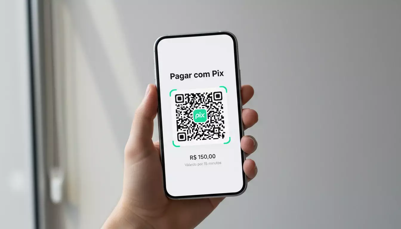Smartphone exibindo QR Code para pagamento Pix