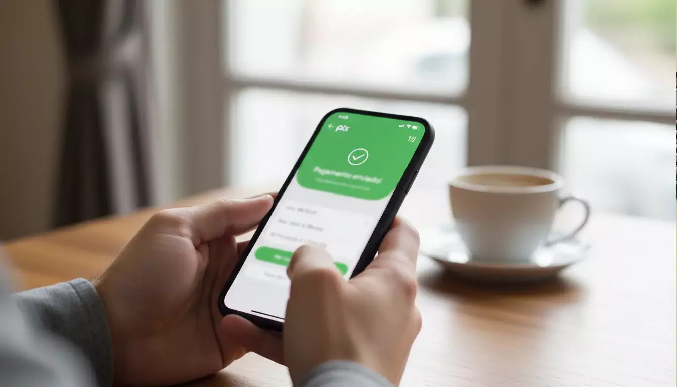 Mãos segurando smartphone com aplicativo bancário aberto