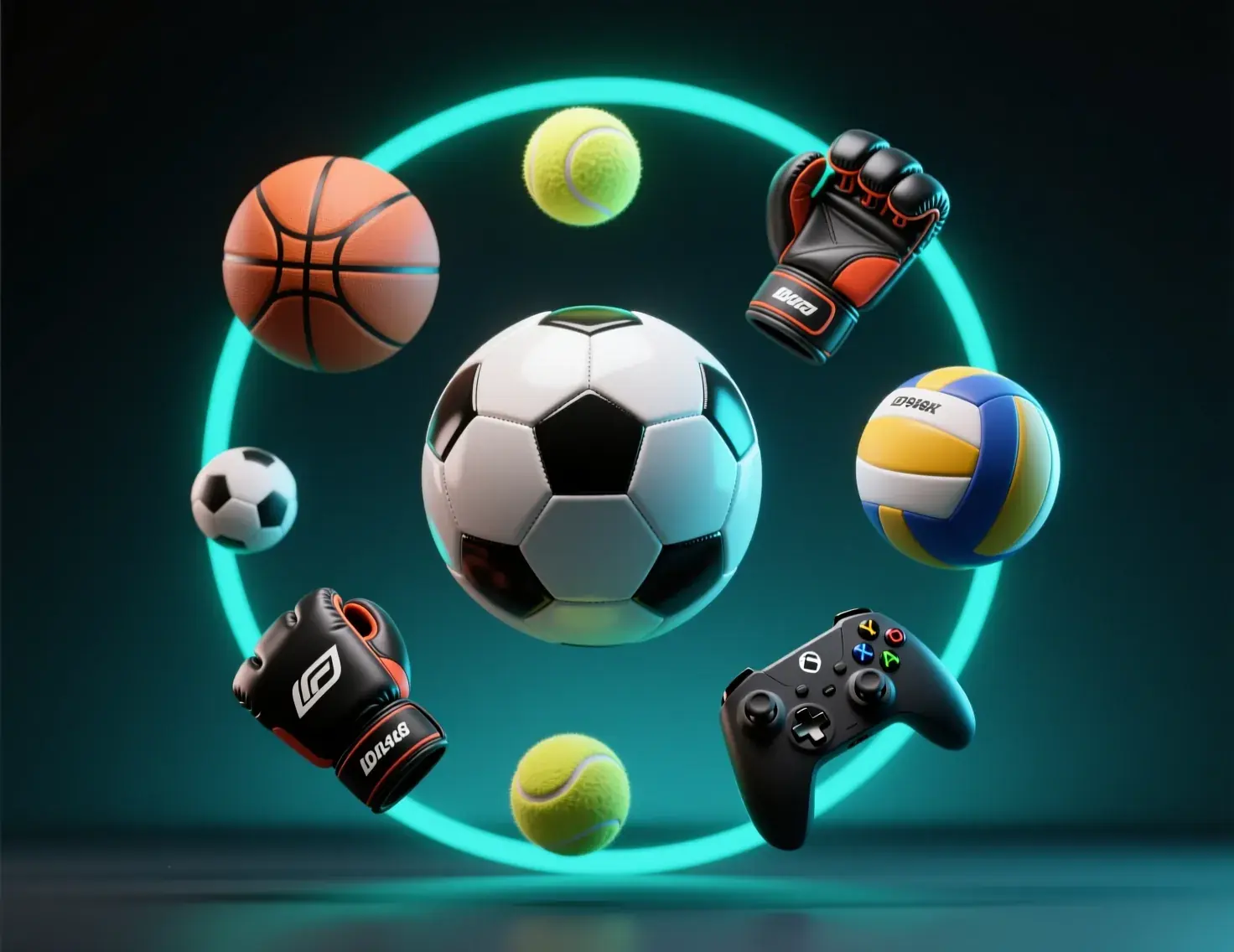 Composição com bola de futebol, basquete, tênis, luvas de MMA e controle de videogame representando a variedade de esportes para apostas