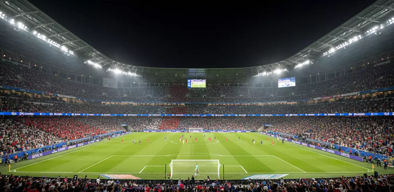 Estádio de futebol lotado durante partida noturna com iluminação dos refletores