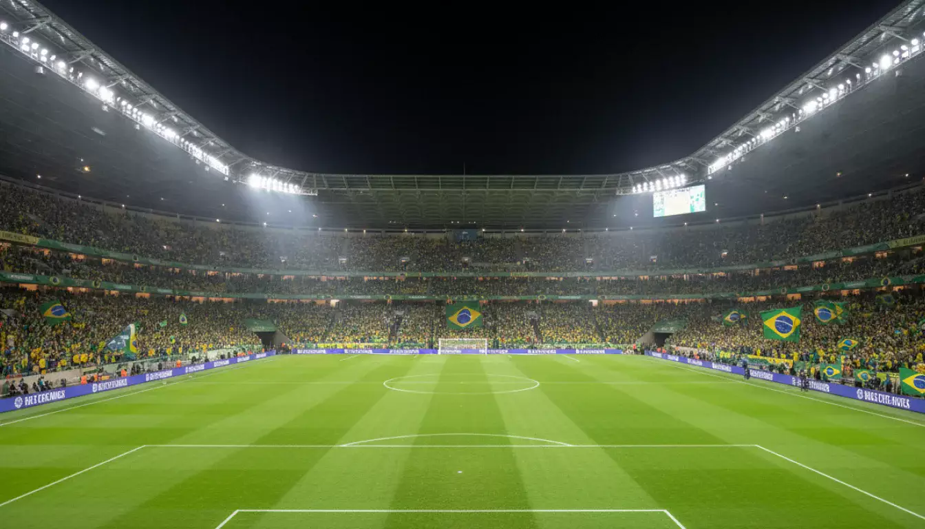 Estádio de futebol brasileiro lotado com torcida vibrante e campo verde iluminado
