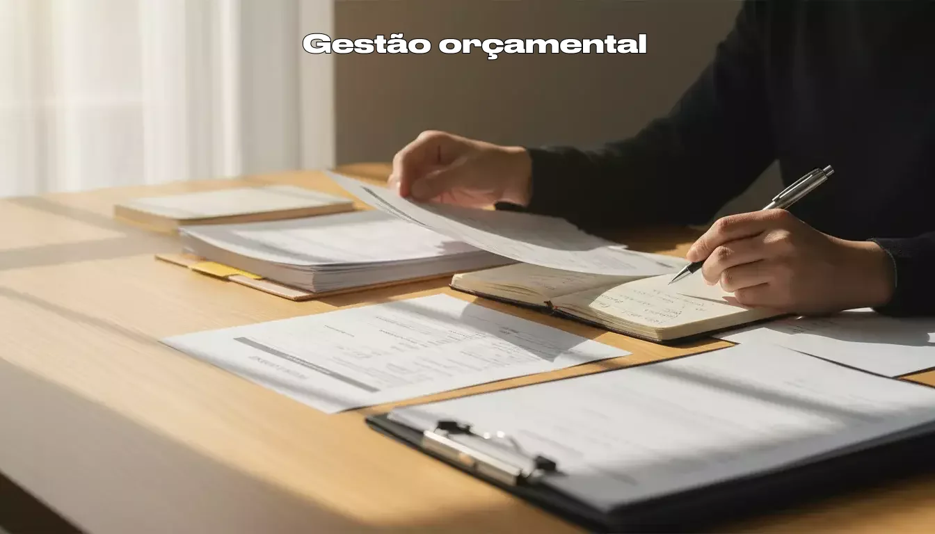 Pessoa organizando anotações financeiras em mesa de trabalho