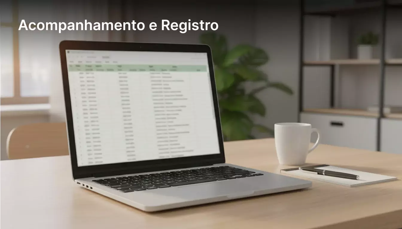 Tela de laptop mostrando planilha com registros organizados em colunas