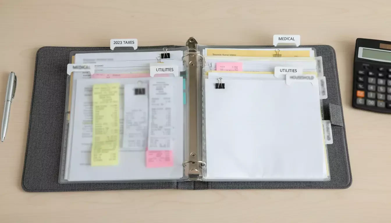 Pasta organizadora com documentos e comprovantes arquivados