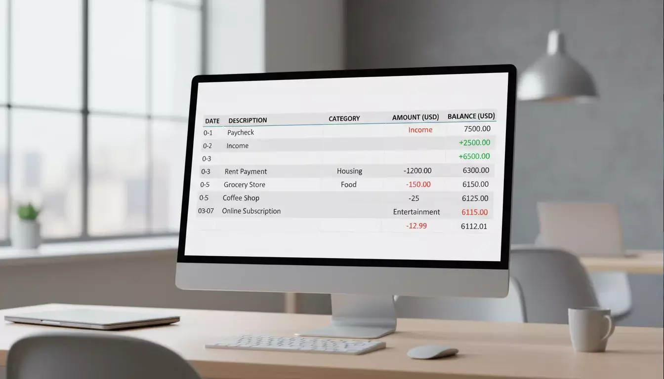 Tela de computador exibindo extrato financeiro com valores e datas