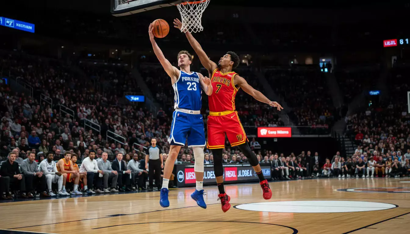 Jogadores de basquete em lance de jogo disputando a bola na quadra