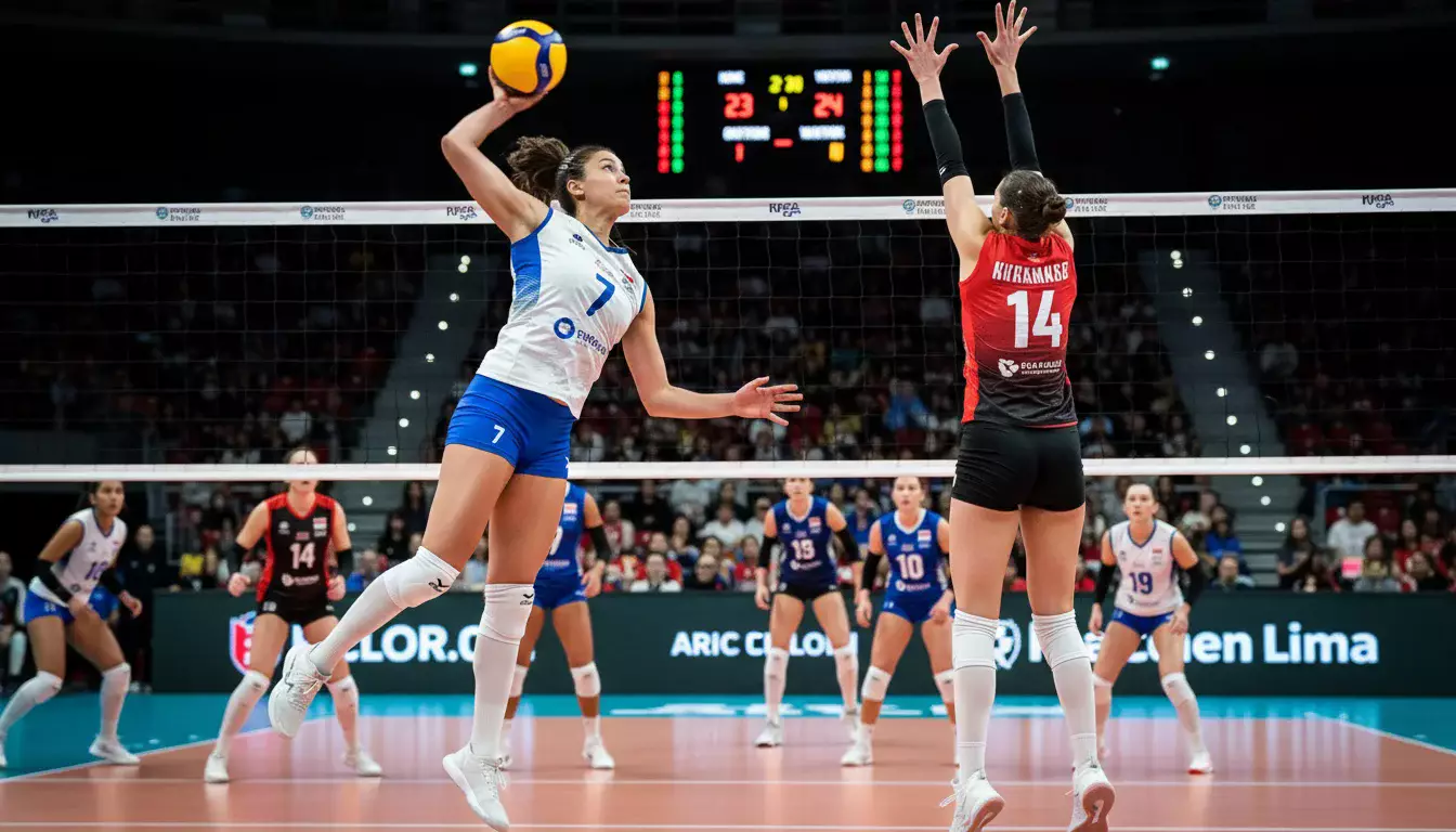Jogadoras de vôlei em lance de ataque durante partida da Superliga Feminina