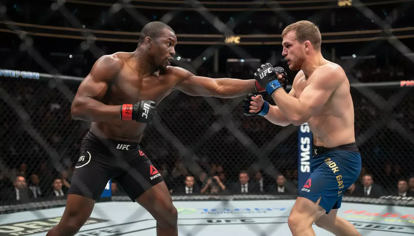 Dois lutadores de MMA em combate no octógono durante evento do UFC