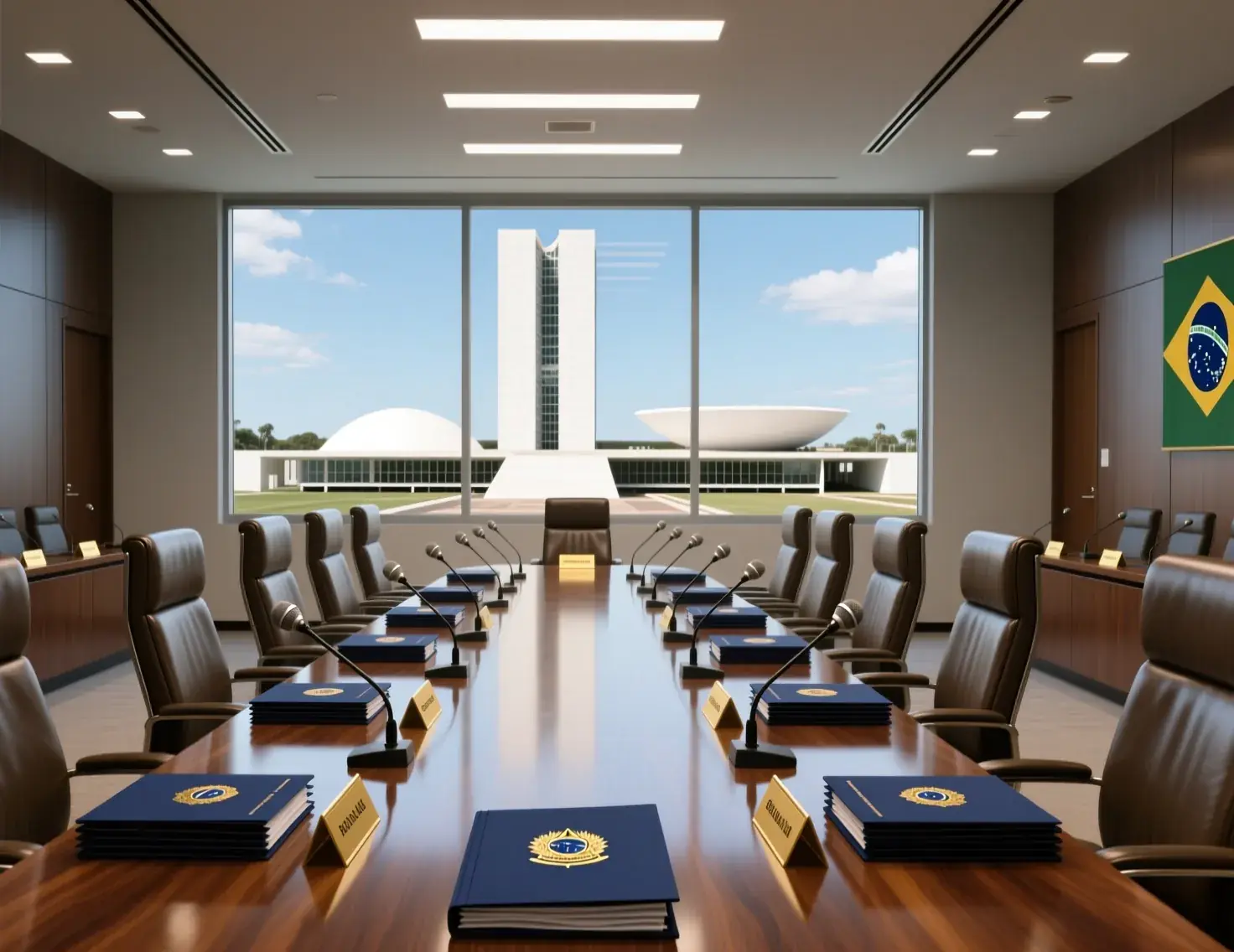 Sala de conferências governamental representando o marco regulatório das apostas no Brasil