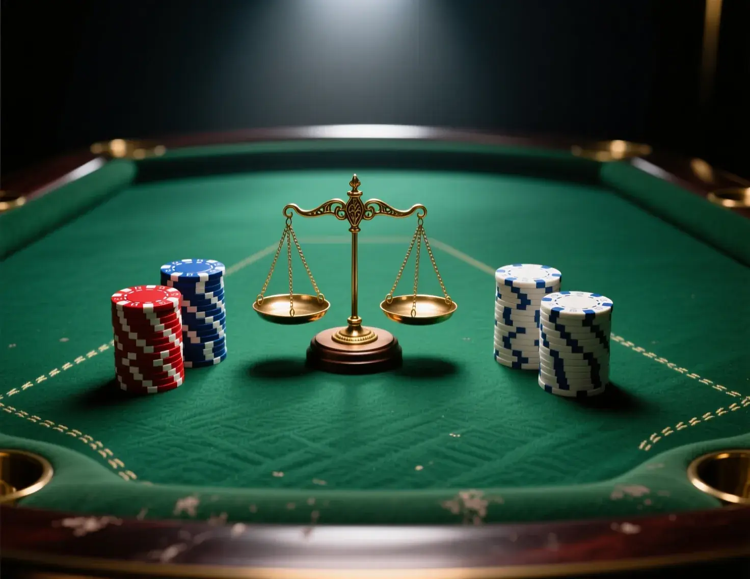Fichas de casino e balança simbolizando a margem da casa nas apostas