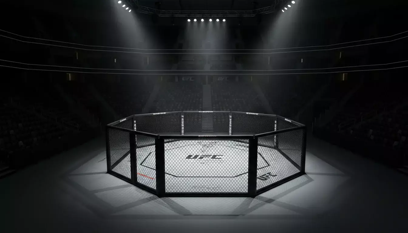 Octógono do UFC iluminado em arena com atmosfera dramática