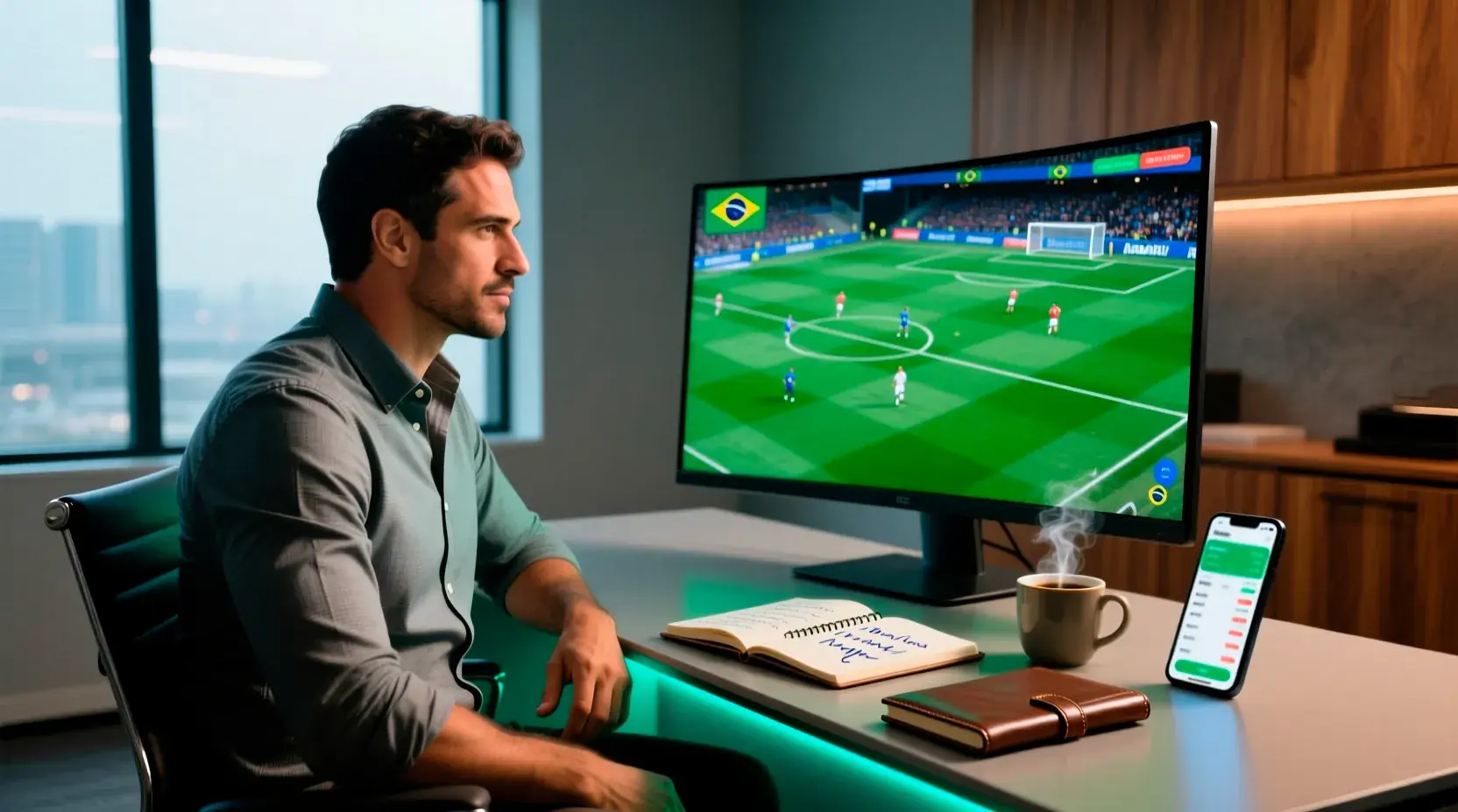 Analista profissional de apostas esportivas analisando odds em monitor moderno