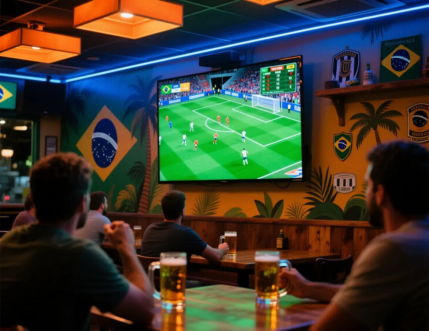 Bar esportivo com pessoas assistindo jogo de futebol ao vivo na televisão