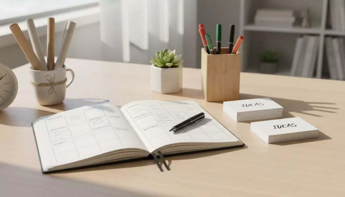 Mesa organizada com caderno de anotações e planejamento pessoal