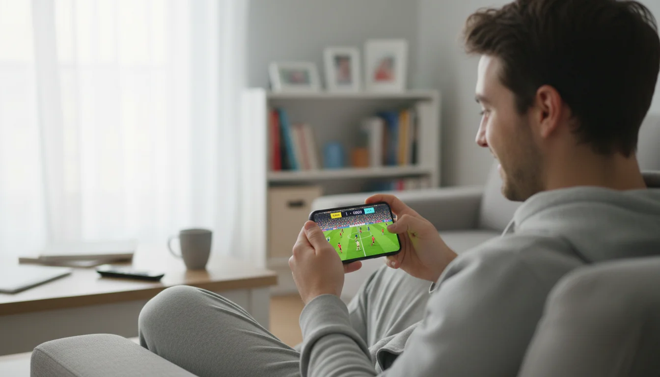 Pessoa assistindo partida de futebol em smartphone enquanto acompanha estatísticas