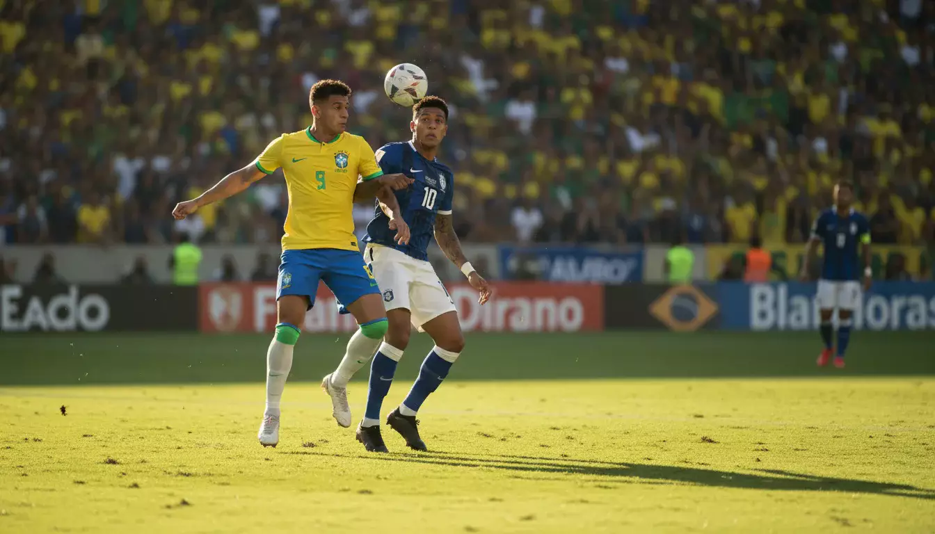 Lance de partida do Campeonato Brasileiro com jogadores disputando bola em campo