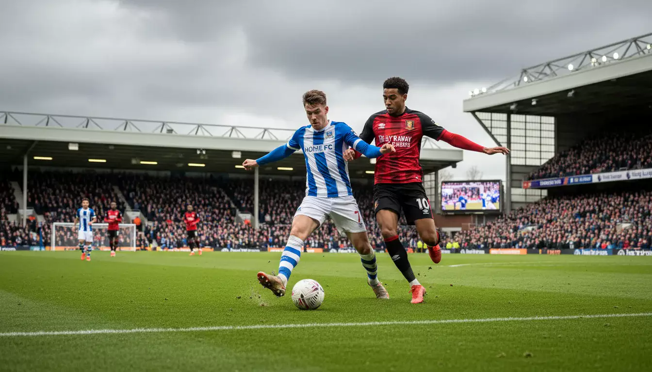Partida de futebol da Premier League em estádio inglês com torcida vibrante