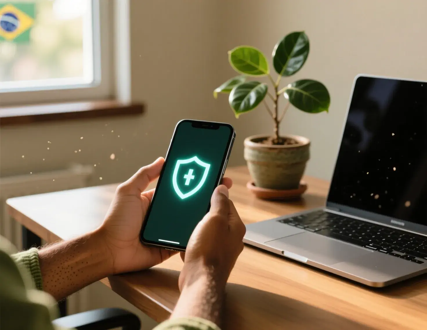 Pessoa segurando smartphone com símbolo de escudo representando proteção ao apostador