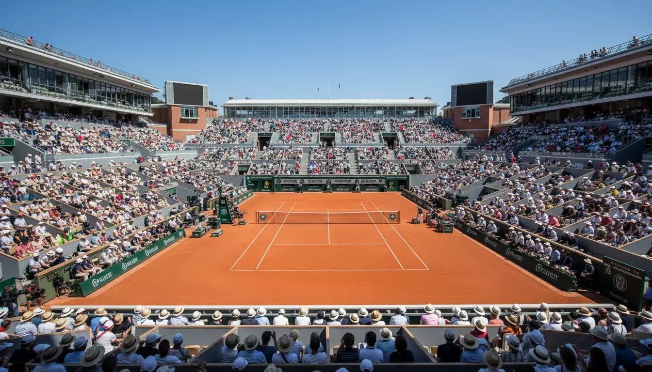 Quadra de tênis de Grand Slam com arquibancadas lotadas sob céu azul