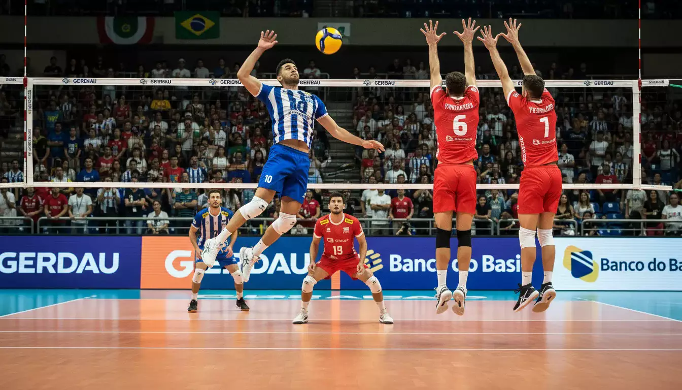 Quadra de vôlei profissional durante partida da Superliga com jogadores em ação