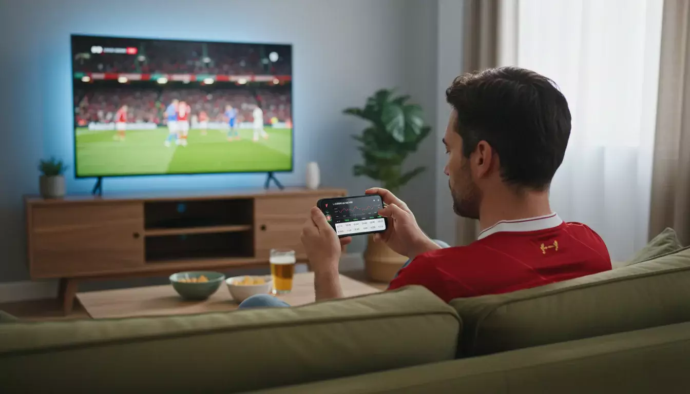 Torcedor assistindo partida de futebol enquanto acompanha odds no celular