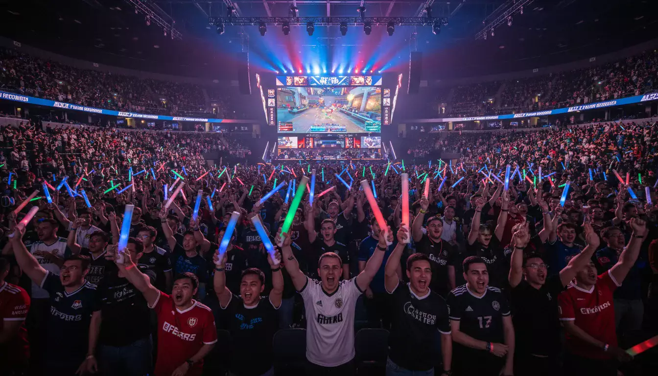Público em evento de eSports assistindo partida em telão gigante