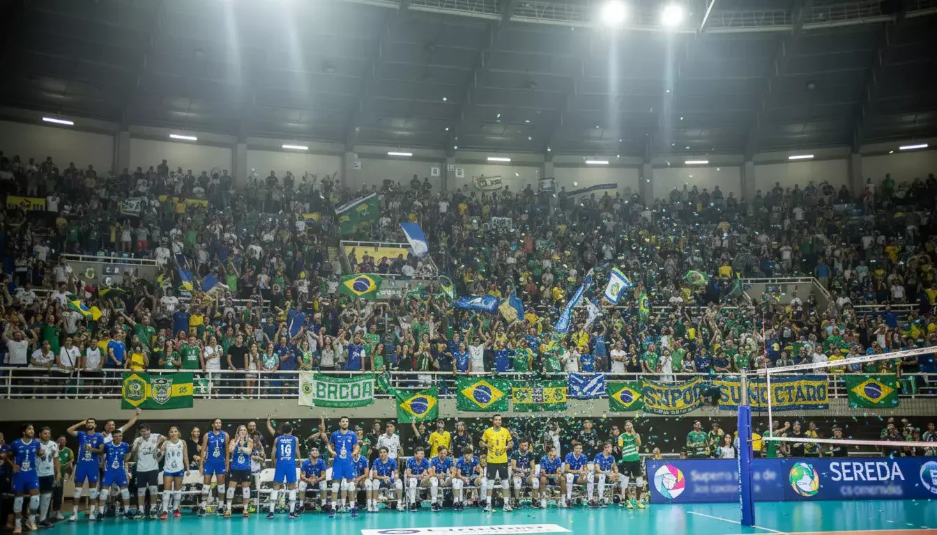 Torcida vibrando em ginásio durante partida de vôlei da Superliga