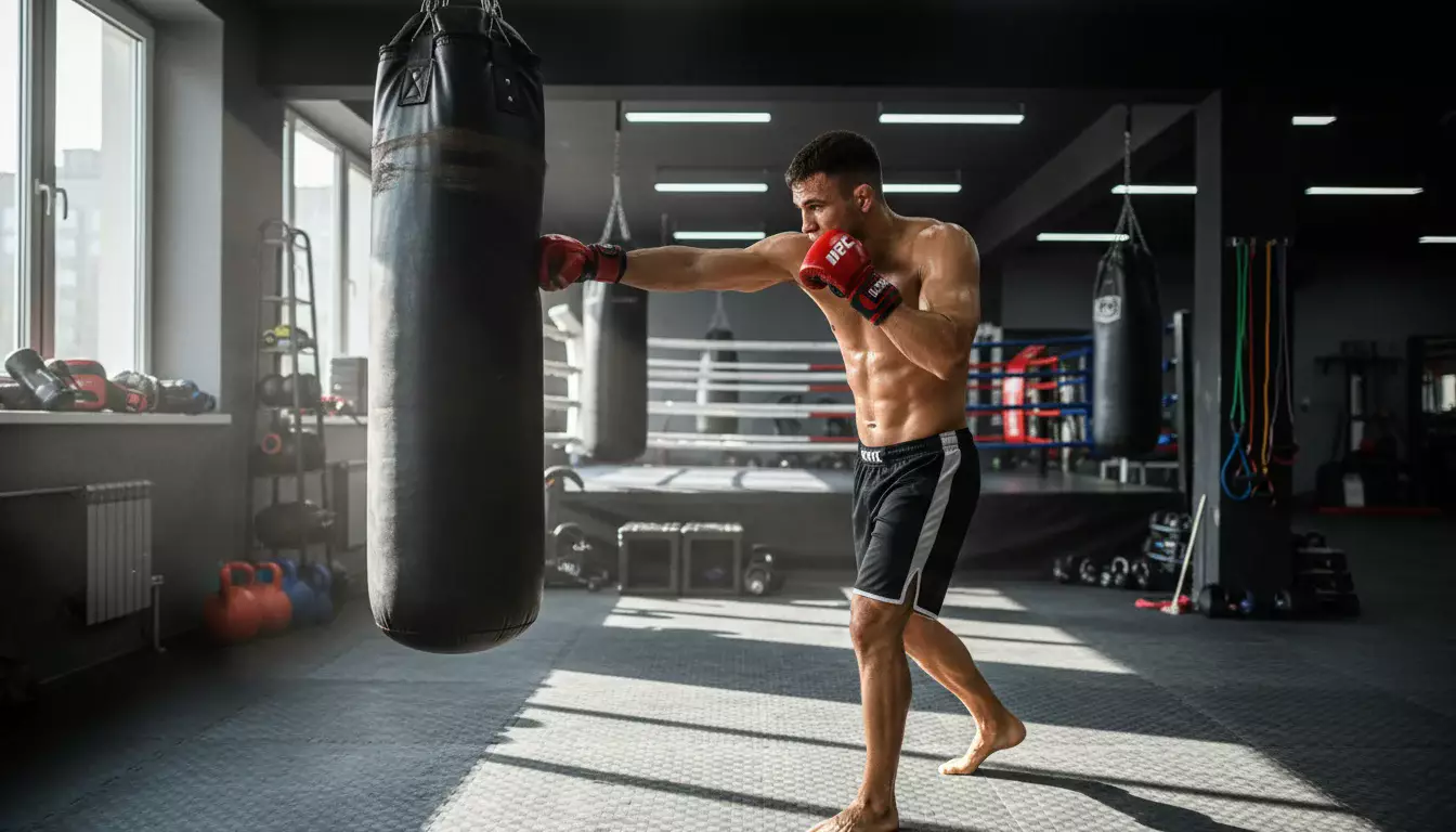 Lutador de MMA treinando técnicas de combate em academia especializada